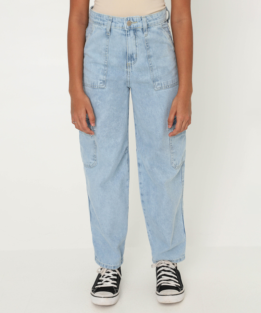 Calça Juvenil Jeans Mom Cargo Tam 10 a 16 Azul