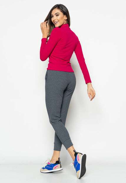 Kit 3 Blusas  Gola Alta Manga Longa Malha Canelada Preta, Rosa e Branca