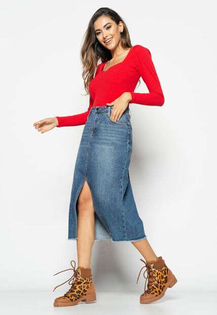 Blusa  Princesa Decote Coração Malha Canelada Vermelho