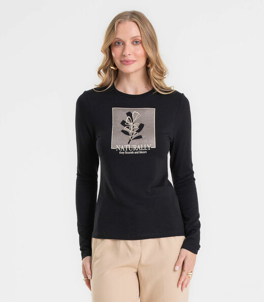 Blusa Feminina Manga Longa Estampada Rovitex Preto