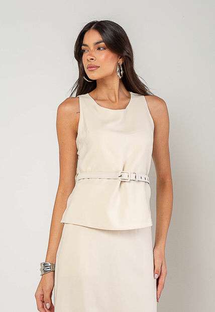 Conjunto Alfaiataria Saia Midi e Regata Marfim Salvatore