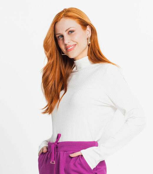 Blusa Manga Longa Canelada Rovitex Bege