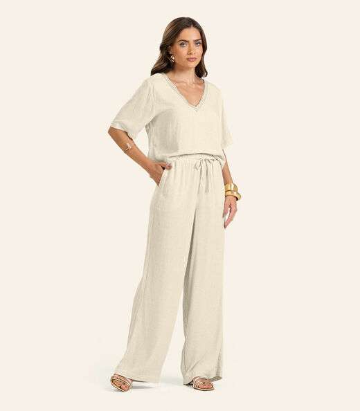 T- shirt em V Feminina Endless Bege