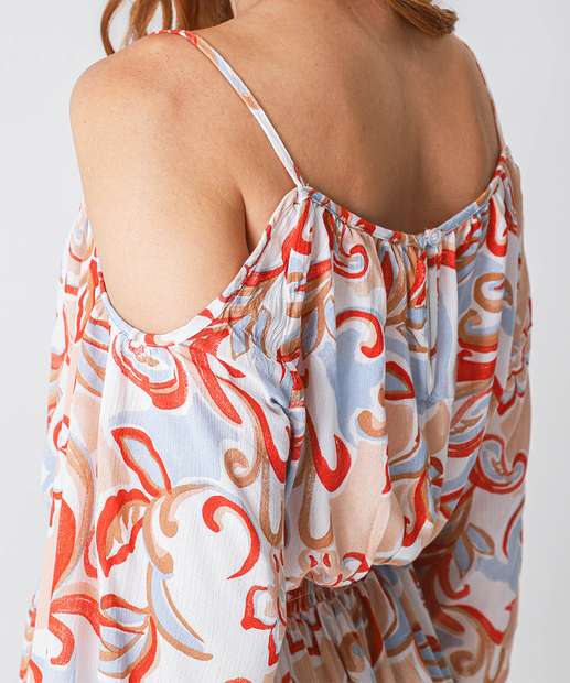 Vestido Midi Feminino Open Shoulder Estampado Marisa Bege