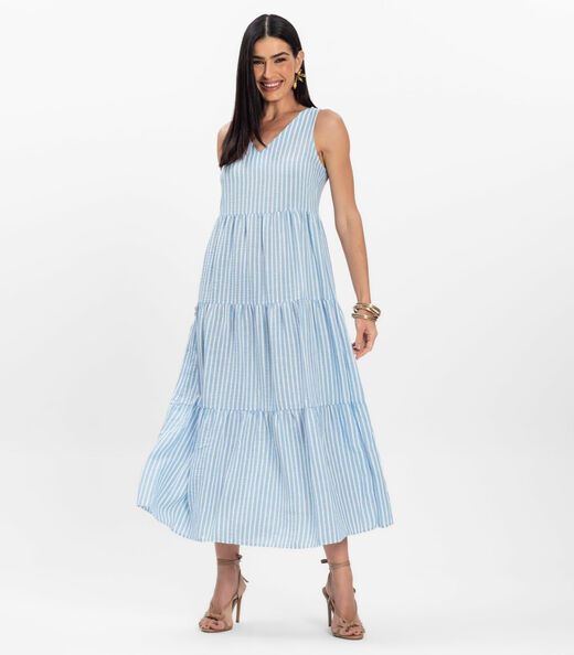 Vestido Midi Feminino Listrado Decote V Aishty Azul