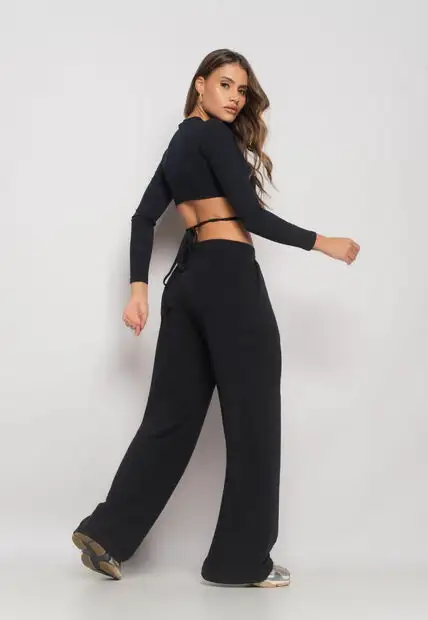 Calça Wide Leg Com Bolso Moletinho Preto Salvatore