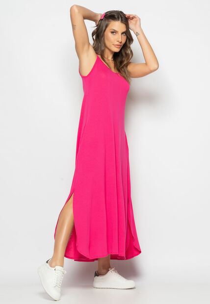 Vestido Longo Alcinha Com Barra Arredondada E Bolsos Pink Salvatore