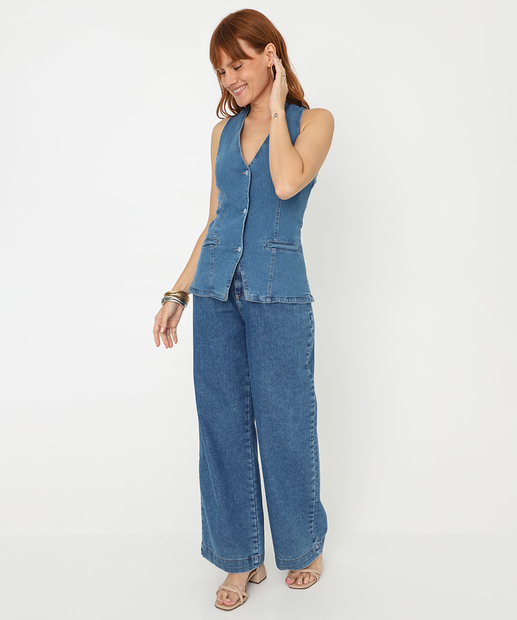 Colete Feminino Jeans Alongado Botões Biotipo Azul