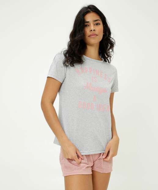 Pijama Feminino Listrado Frase Manga Curta Marisa