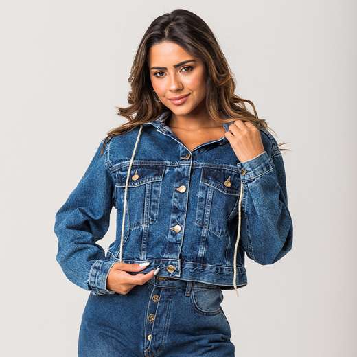 Jaqueta Jeans Cropped Capuz Feminina Zune