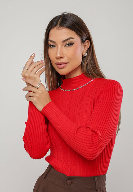 Blusa de Tricot Modal com Gola Alta e Manga Canelada Vermelho Salvatore