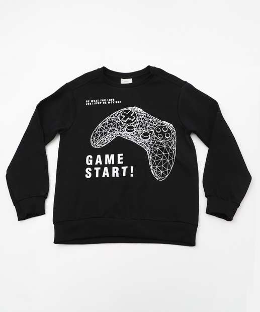 Casaco Infantil Moletom Flanelado Game Marisa Tam 4 a 10 Preto
