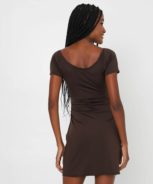 Vestido Curto Feminino Manga Curta Drapeado Marisa Marrom