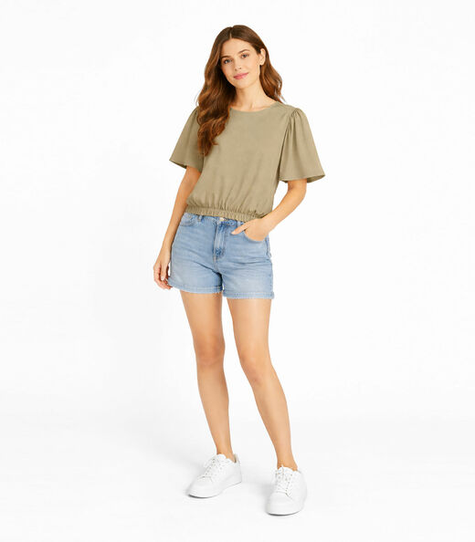 Blusa Feminina Com Franzido Na Manga Infinita Cor Bege