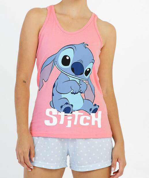 Pijama Feminino Estampa Stitch Sem Manga Disney