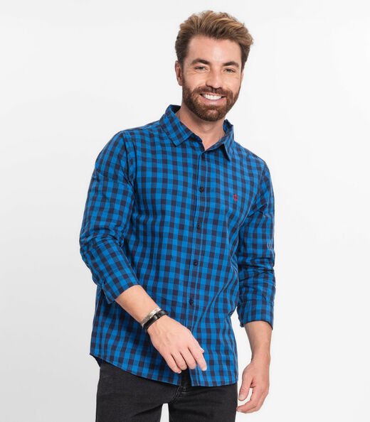 Camisa Masculina Manga Longa Xadrez Diametro Azul