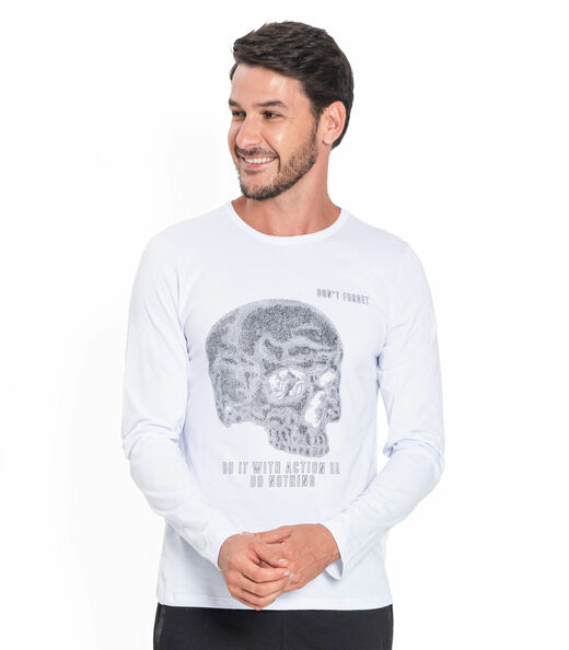 Camiseta Masculina Manga Longa de Caveira Rovitex Branco
