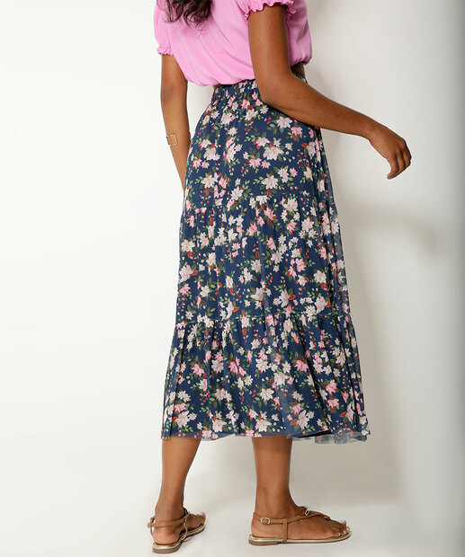 Saia Midi Feminina Tule Estampa Floral Marisa