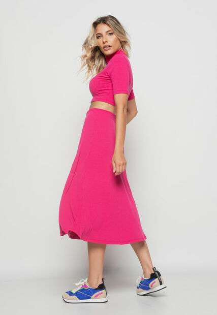 Saia  Midi Godê Canelada Pink