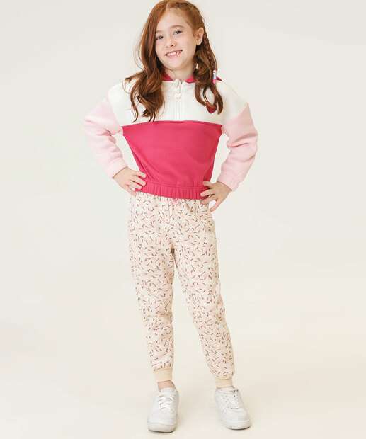 Calça Infantil Jogger Moletom Estampa Flores Tam 4 a 10