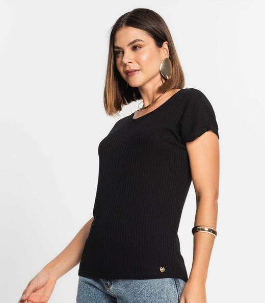 Blusa Feminina Ribana Canelada Básica Rovitex Preto