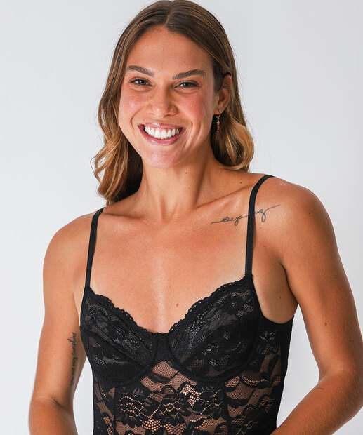 Body Feminino Sensual Renda Sem Bojo Com Aro Preto