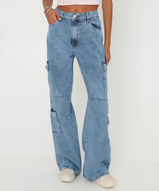 Calça Feminina Jeans Cargo Wide Leg Azul