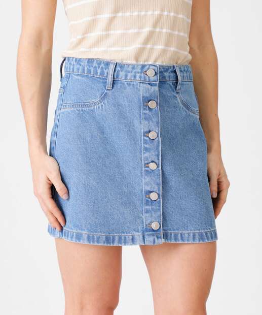 Mini Saia Jeans Feminina Botões Marisa Azul