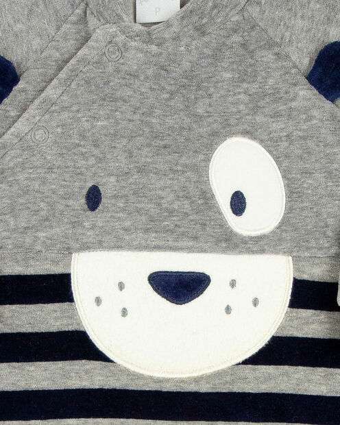 Macacão Bebe Menino Plush Mescla e Listrado Bordado Ursinho - Marinho
