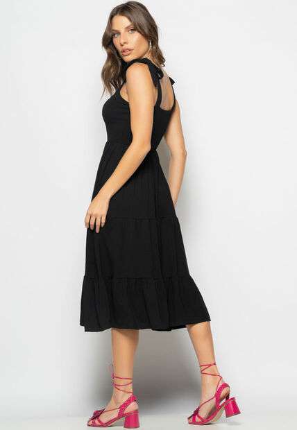 Vestido Midi Babado Com Alça Amarração Malha Preto Salvatore