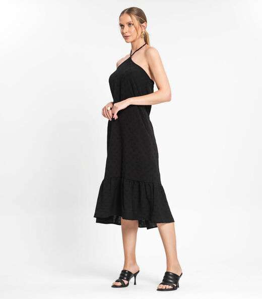 Vestido Midi De Alça E Babados Em Air Flow Rovitex Preto