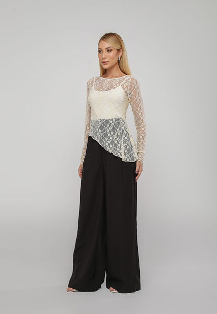 Blusa De Renda Assim?trica Manga Longa Marfim Salvatore