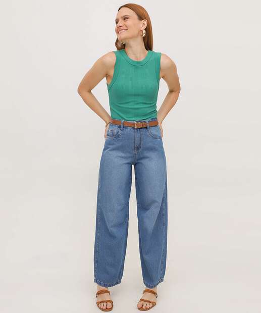 Calça Jeans Barrel Feminina Bolsos