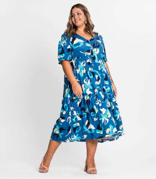 Vestido Midi Estampado Plus Size Secret Glam Azul