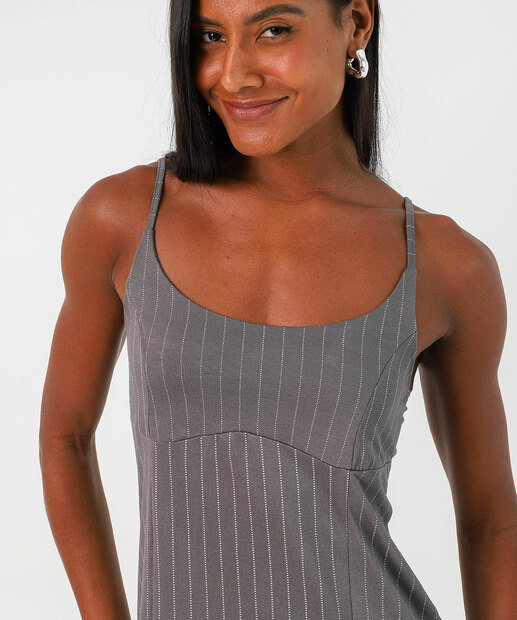 Vestido Feminino Risca de Giz Listras Alças Finas Marisa Cinza