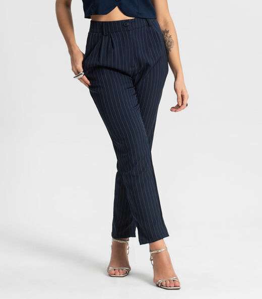 Calça Alfaiataria Cenoura De Risca Giz Style Box Azul