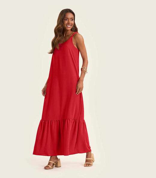 Vestido Longo Com Babado Rovitex Vermelho