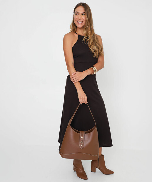 Vestido Midi Feminino Canelado Halter Neck Marisa Marrom