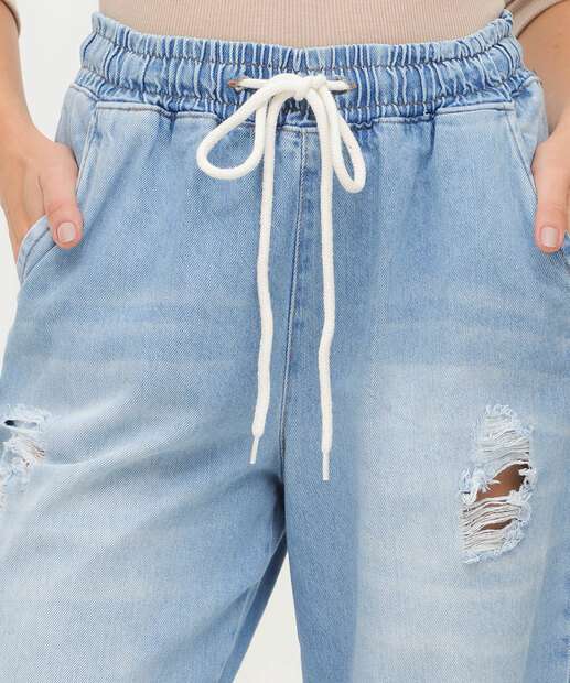 Calça Jeans Destroyed Wide Leg Feminina