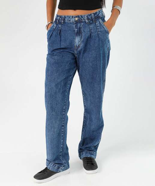 Calça Jeans Reta Feminina Bolsos Azul
