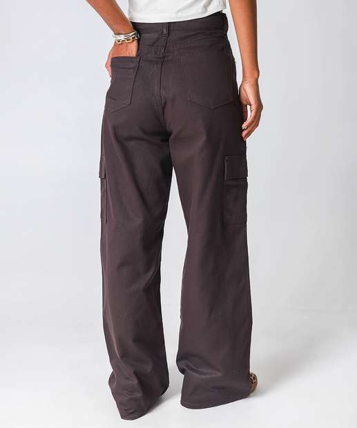 Calça Sarja Wide Leg Bolsos Cargo Feminina 