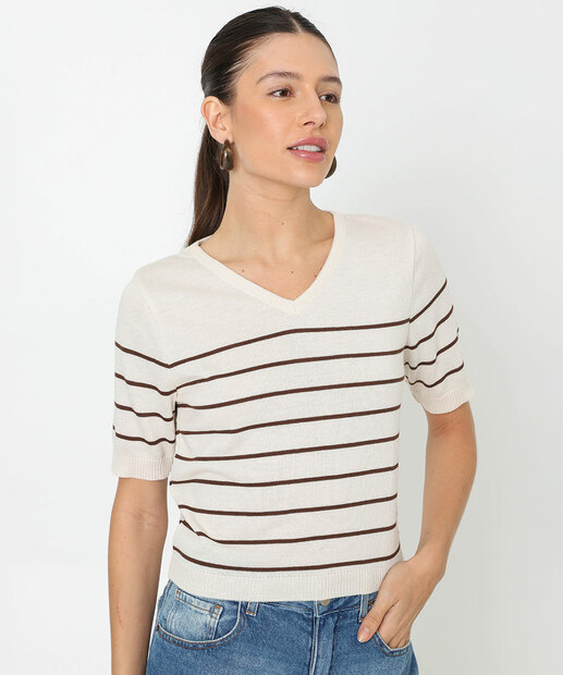 Image_Blusa Feminina Tricô Listrada Marisa Bege