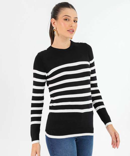 Image_Suéter Feminino Tricô Listrado Pérolas Marisa Preto