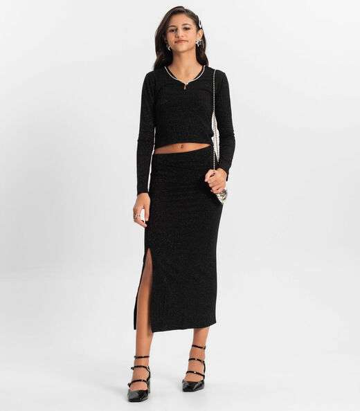 Conjunto Juvenil Blusa Com Saia Midi Minty Preto