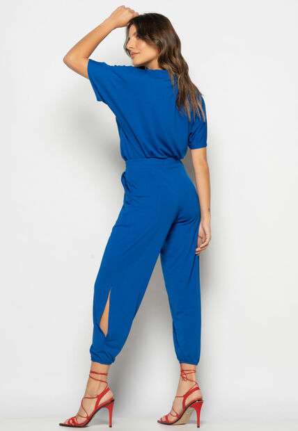 Conjunto Blusa Ampla Gola V e Calça Jogger Fenda Malha Azul Royal Salvatore