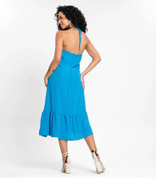 Vestido Midi De Alça E Babados Em Air Flow Rovitex Azul