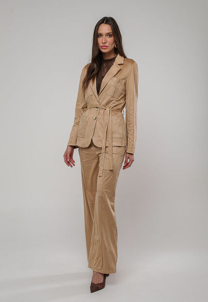 Calça Suede Wide Leg Com Recorte Bege Salvatore