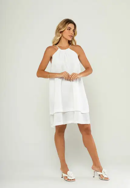 Vestido Curto Com Alças Finas e Babado Duplo Branco Salvatore