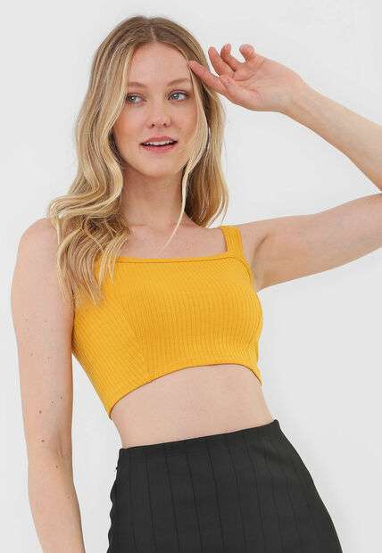 Kit 3 Croppeds  Top Faixa Comfy Malha Canelada Preto, Branco e Mostarda