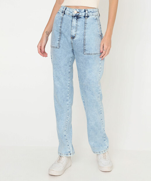 Calça Jeans Reta Petit Feminina Bolsos Sawary Azul
